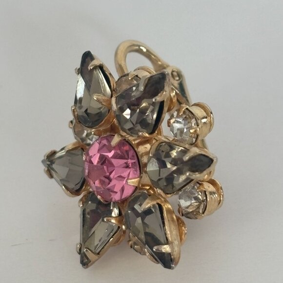 Hattie Carnegie Clip-On Earrings Pink Smoky Grey Rhinestones Jewelry Vintage - Picture 9 of 10